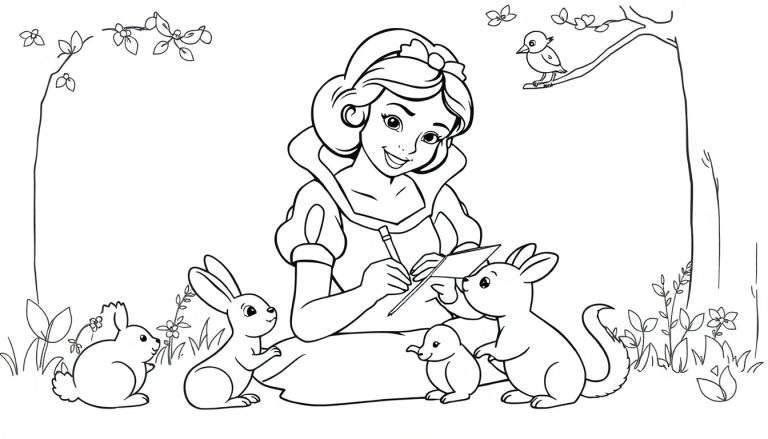 Blancanieves sentada dibujando con animales del bosque, contorno para colorear en esta placa de color.