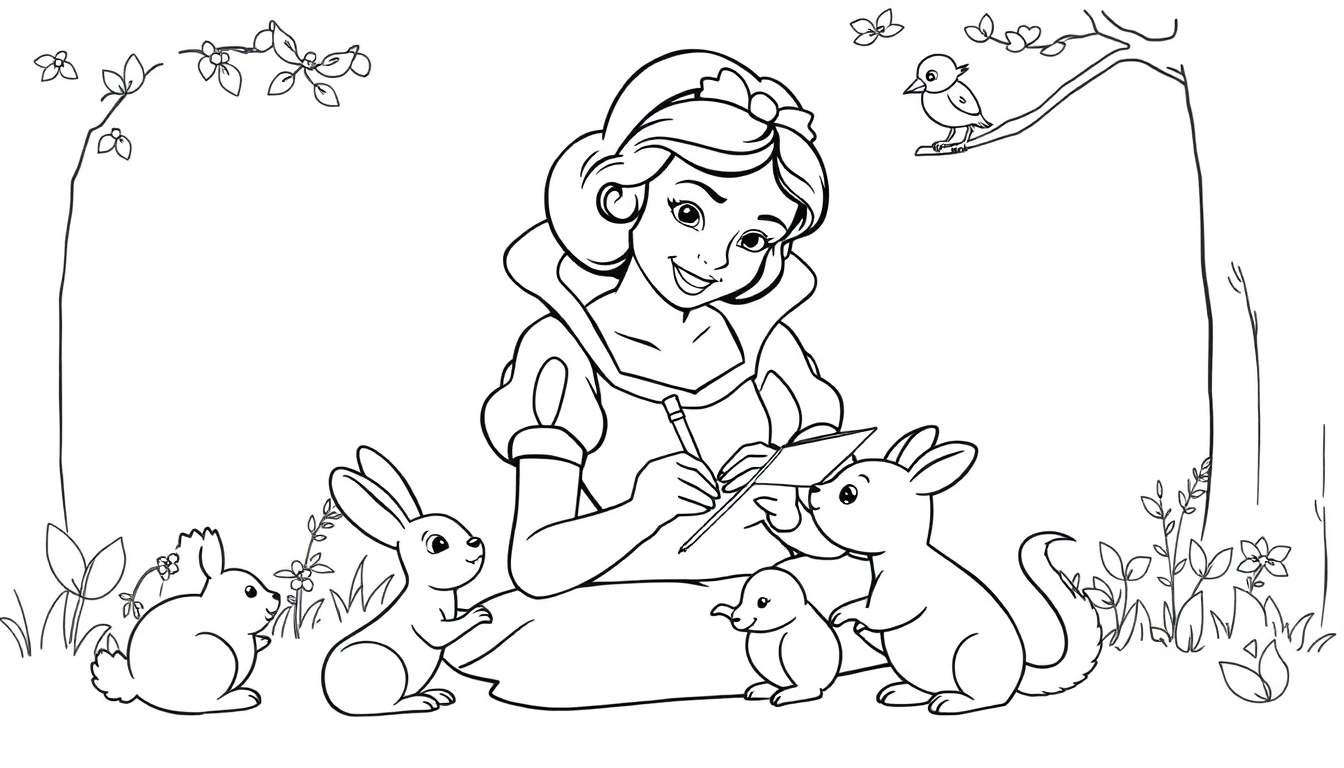 Blancanieves sentada dibujando con animales del bosque, contorno para colorear en esta placa de color.