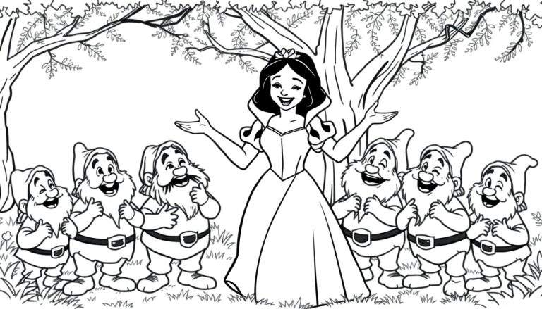 Una placa de color con Blancanieves y los siete enanitos riendo en el bosque.