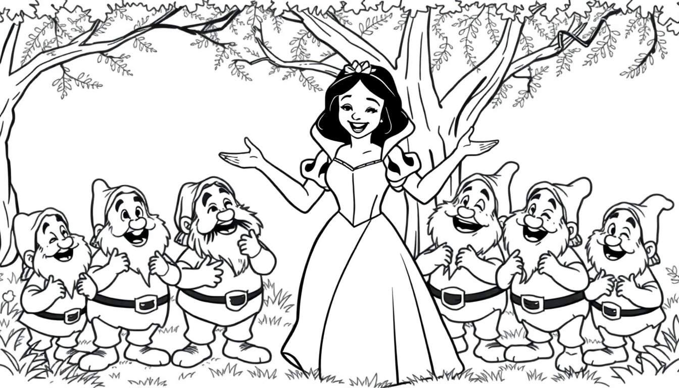 Una placa de color con Blancanieves y los siete enanitos riendo en el bosque.