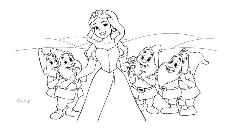 Dibujo lineal de Blancanieves sonriendo con los Siete Enanitos alrededor, listo para colorear, con marca de agua de @virey.
