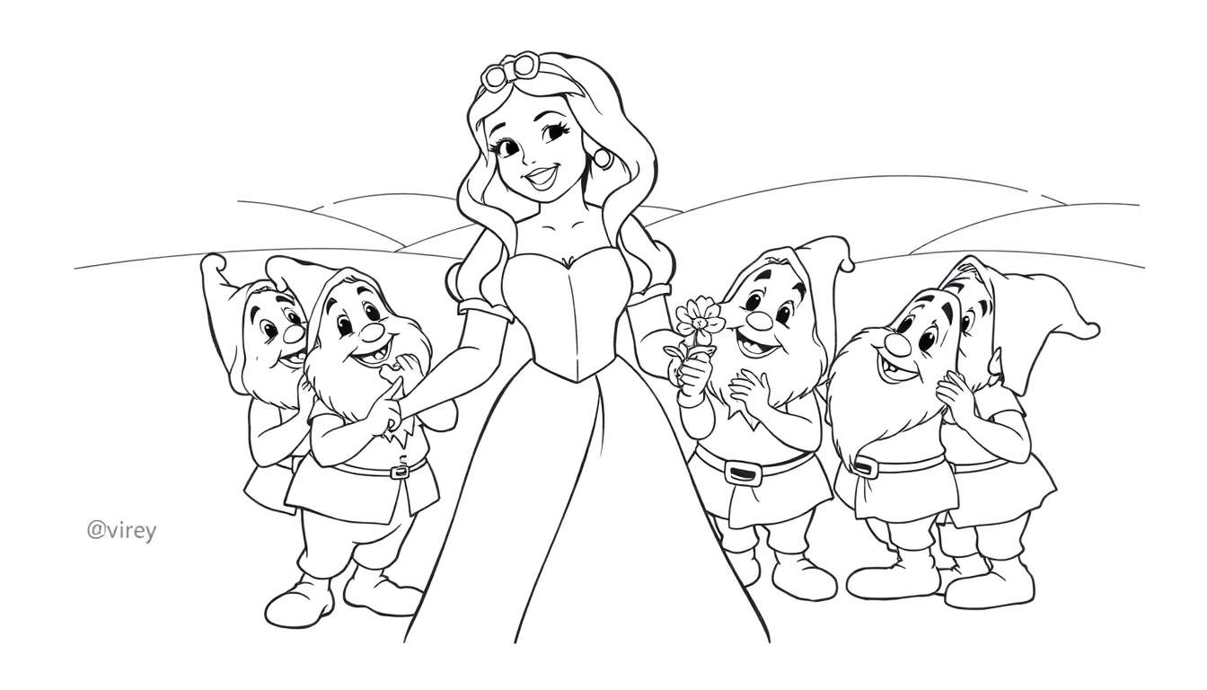 Dibujo lineal de Blancanieves sonriendo con los Siete Enanitos alrededor, listo para colorear, con marca de agua de @virey.