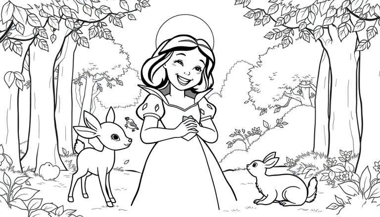Placa de color de Blancanieves sonriendo en el bosque con animales.