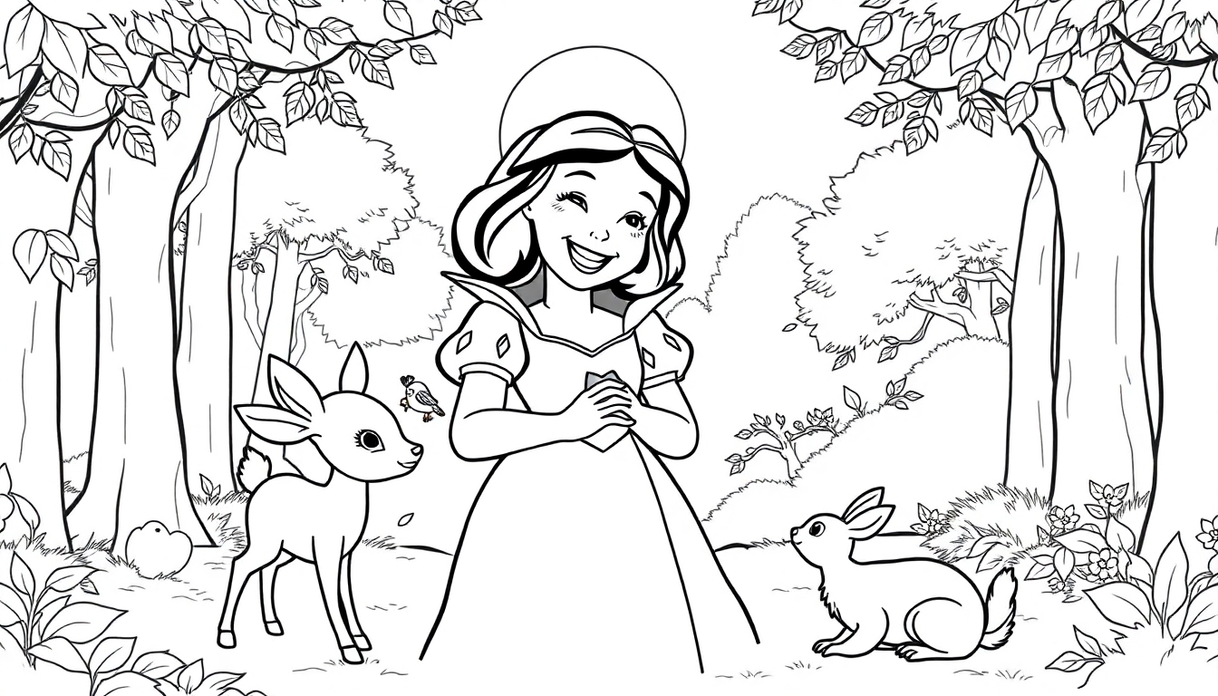 Placa de color de Blancanieves sonriendo en el bosque con animales.