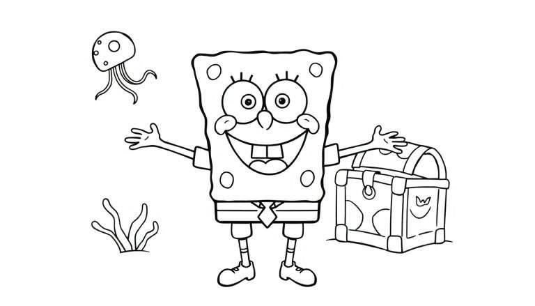 Bob Esponja sonriendo con un cofre del tesoro y una medusa, listo para colorear en esta placa de color.
