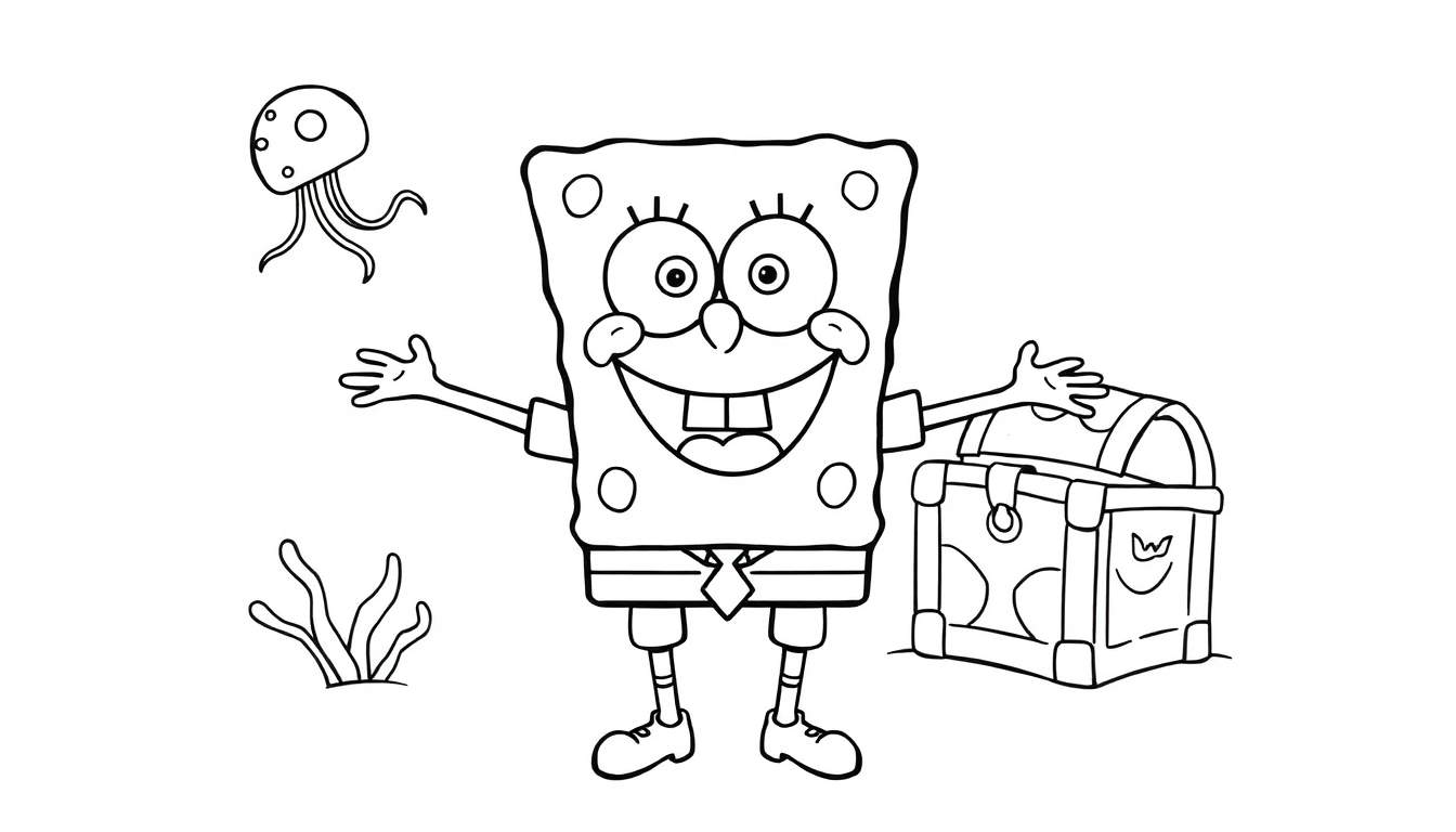 Bob Esponja sonriendo con un cofre del tesoro y una medusa, listo para colorear en esta placa de color.
