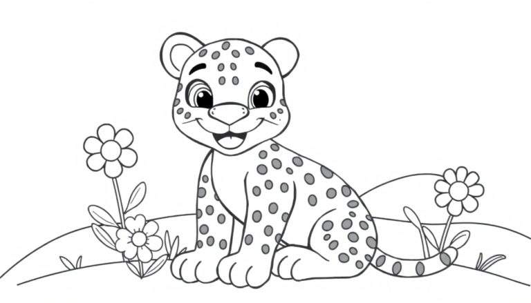Un lindo cachorro de leopardo sonriendo en un campo de flores, listo para ser coloreado en una placa de color.