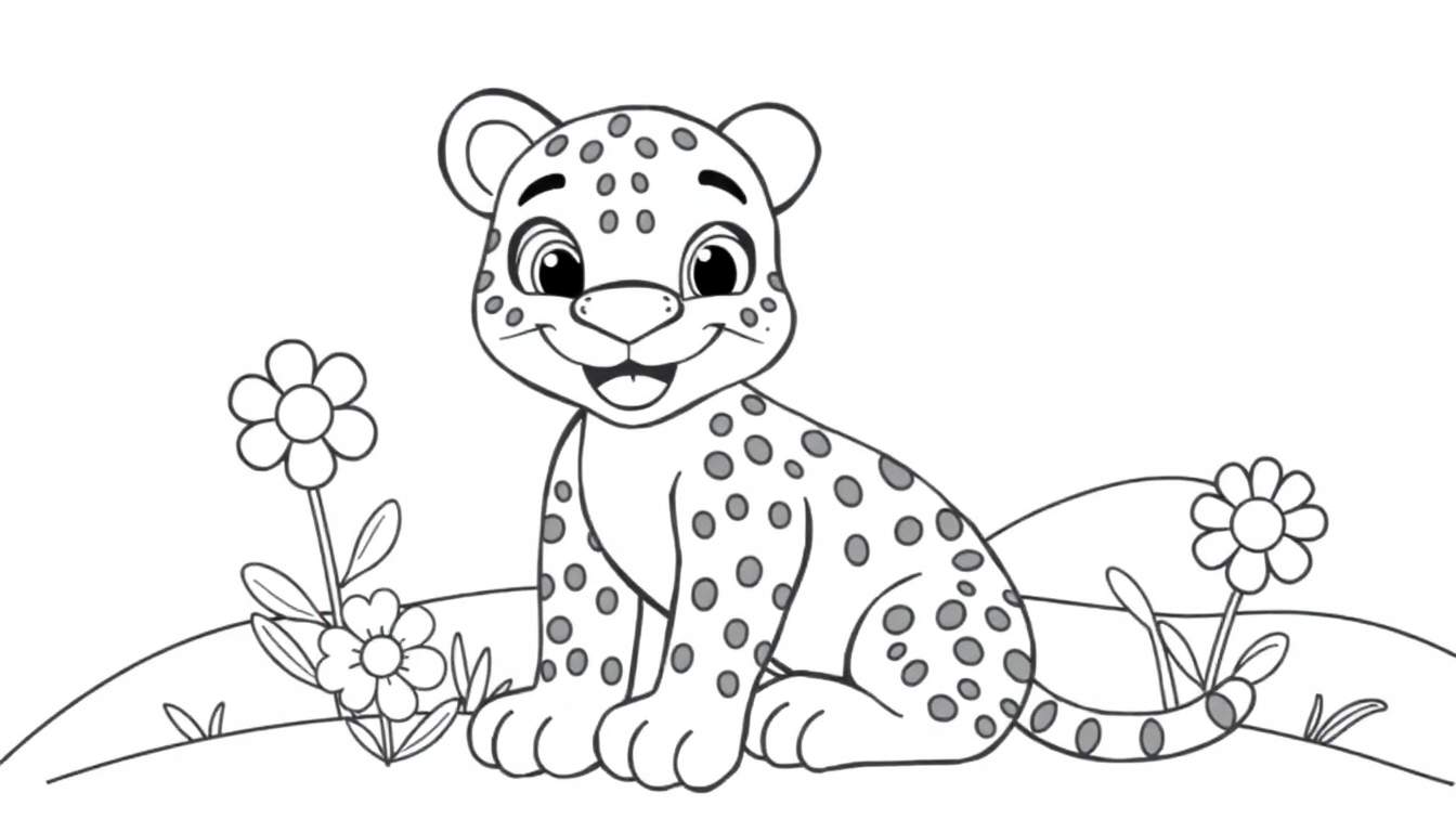 Un lindo cachorro de leopardo sonriendo en un campo de flores, listo para ser coloreado en una placa de color.