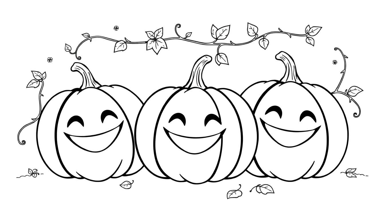 Dibujo de calabazas sonrientes para colorear, con hojas y enredaderas, ideal para la placa de color de otoño.