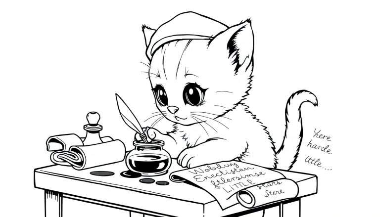 Placa de color para colorear: un gatito con un gorro practicando caligrafía.