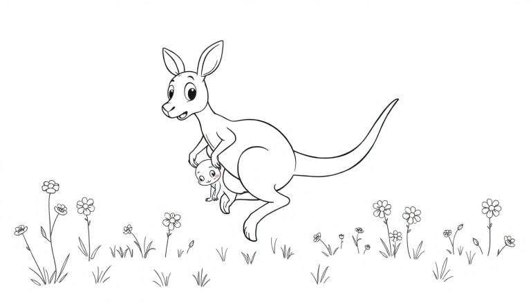 Una placa de color de un canguro y su cría saltando entre flores.