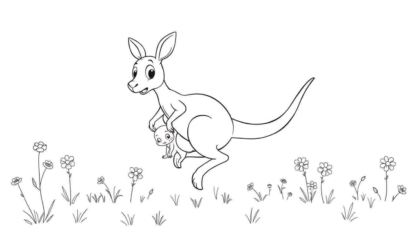 Una placa de color de un canguro y su cría saltando entre flores.