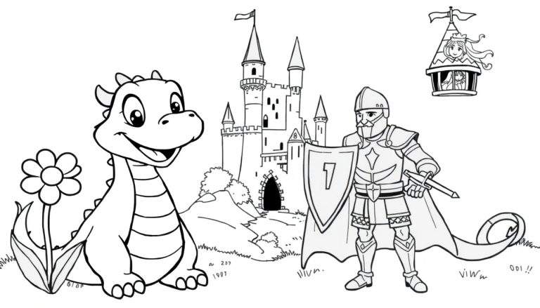 Ilustración de cuento de hadas en blanco y negro de un dragón amigable, un castillo y un caballero con la placa de color.
