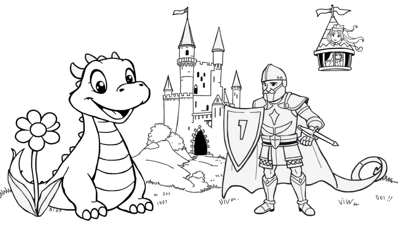 Ilustración de cuento de hadas en blanco y negro de un dragón amigable, un castillo y un caballero con la placa de color.