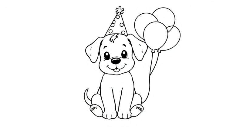Placa de color de un perro de dibujos animados con sombrero de fiesta y globos.