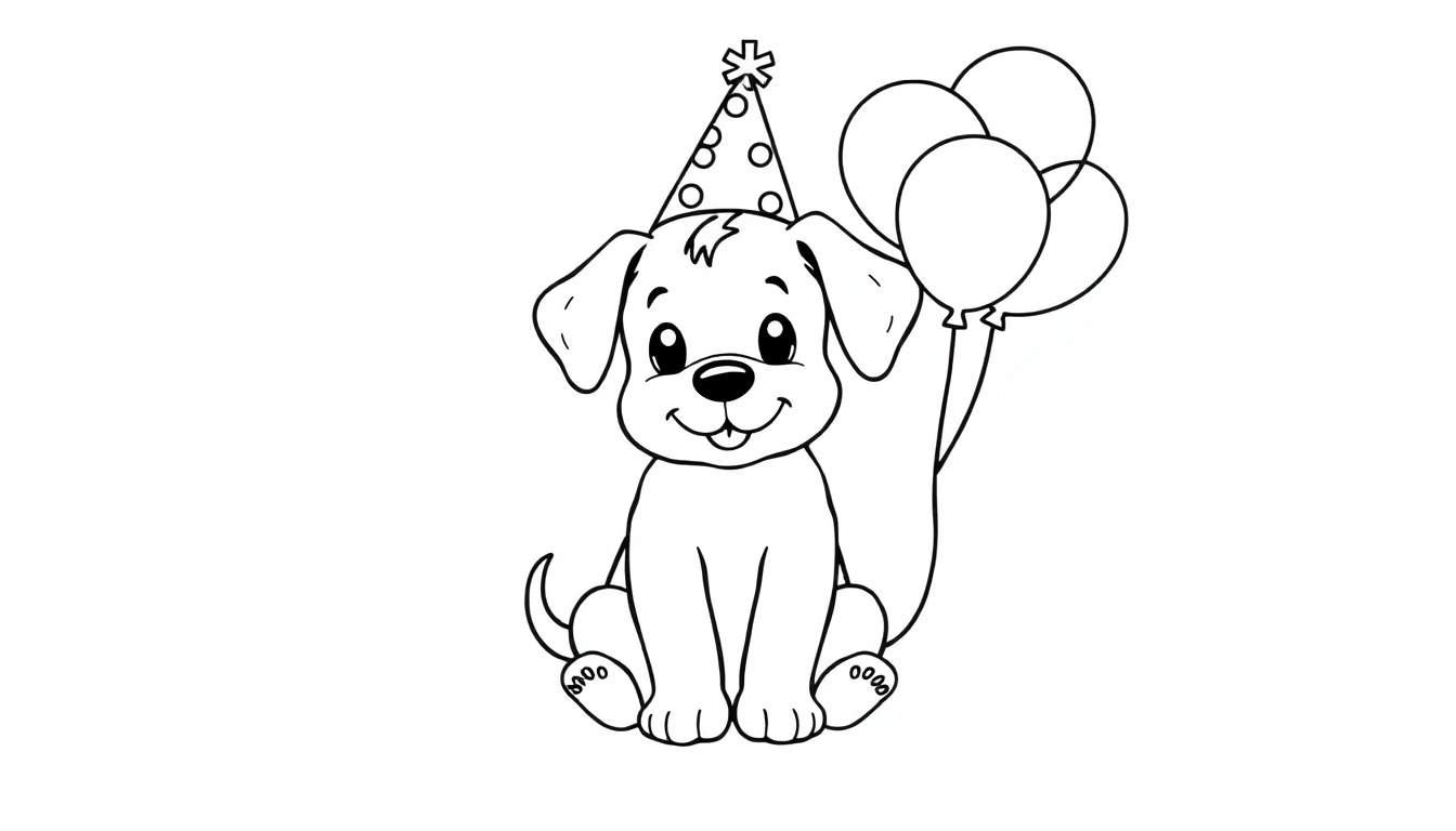 Placa de color de un perro de dibujos animados con sombrero de fiesta y globos.