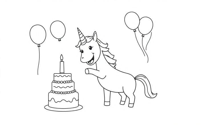 Unicornio feliz celebrando su cumpleaños, listo para ser coloreado en esta placa de color.