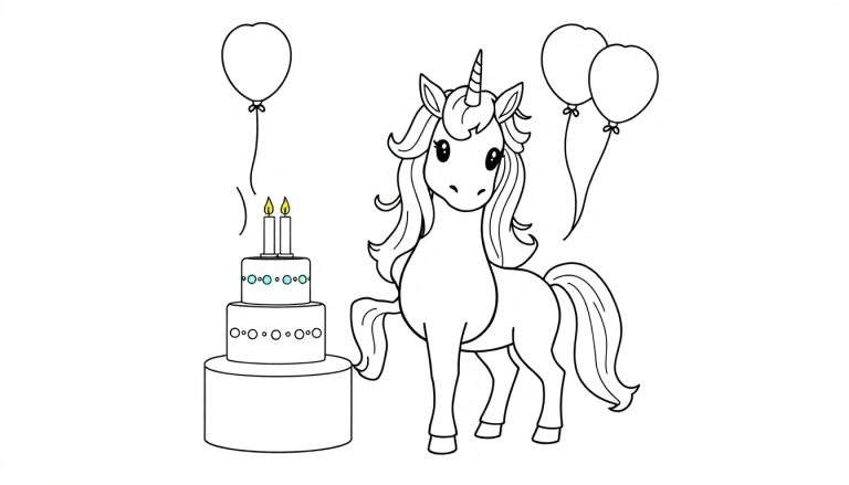 Placa de color: unicornio de dibujos animados celebrando un cumpleaños con un pastel de tres niveles y globos.