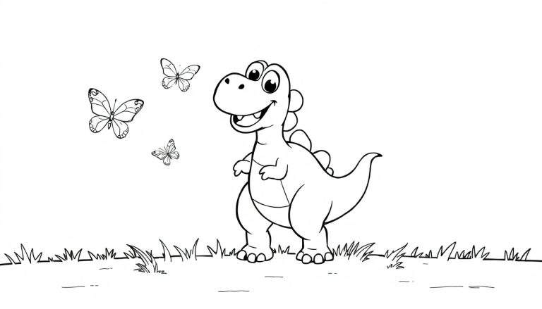 Placa de color de un dinosaurio amigable con mariposas.