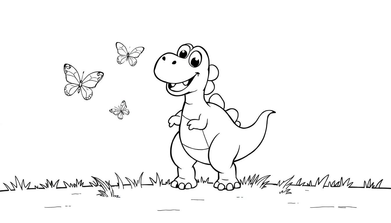 Placa de color de un dinosaurio amigable con mariposas.