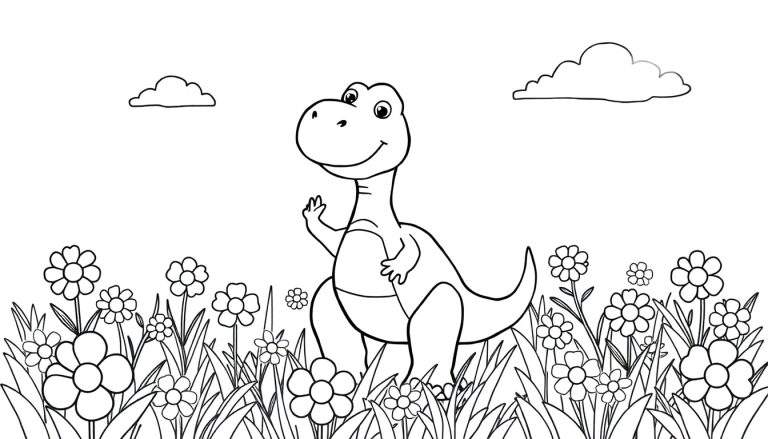 Placa de color de un dinosaurio amistoso saludando en un campo de flores.