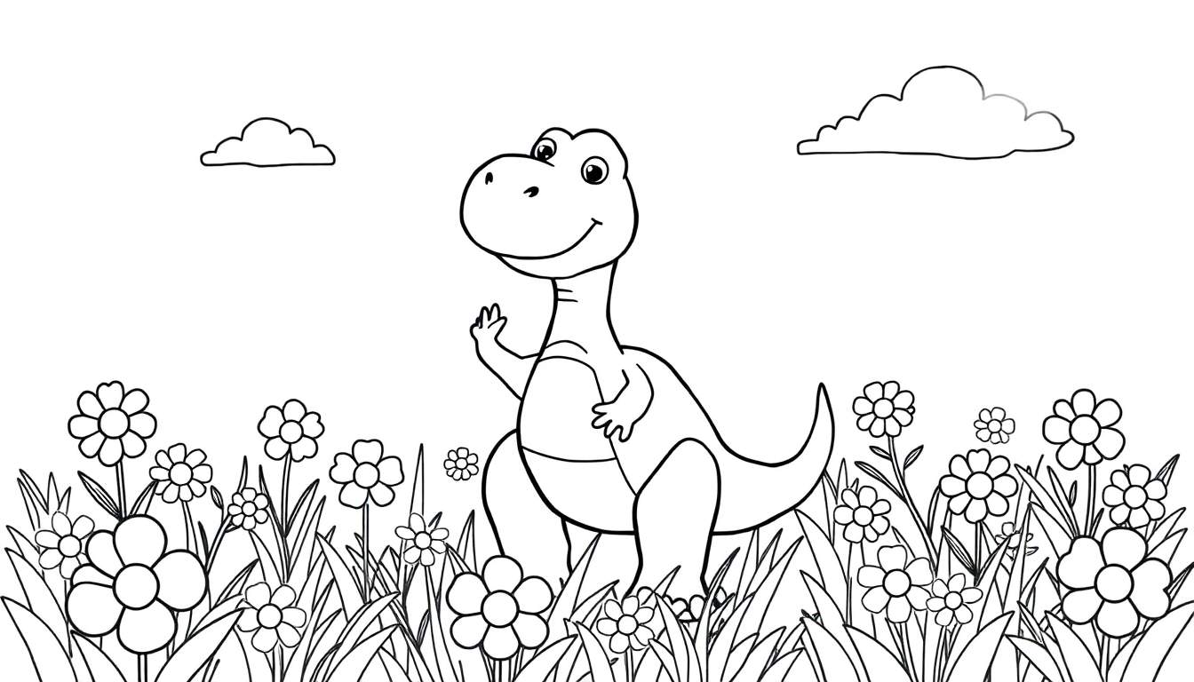Placa de color de un dinosaurio amistoso saludando en un campo de flores.