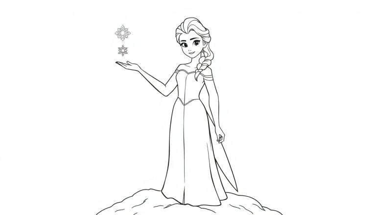 Elsa de Frozen sobre un montículo de nieve con dos copos de nieve flotando, lista para colorear en esta placa de color.