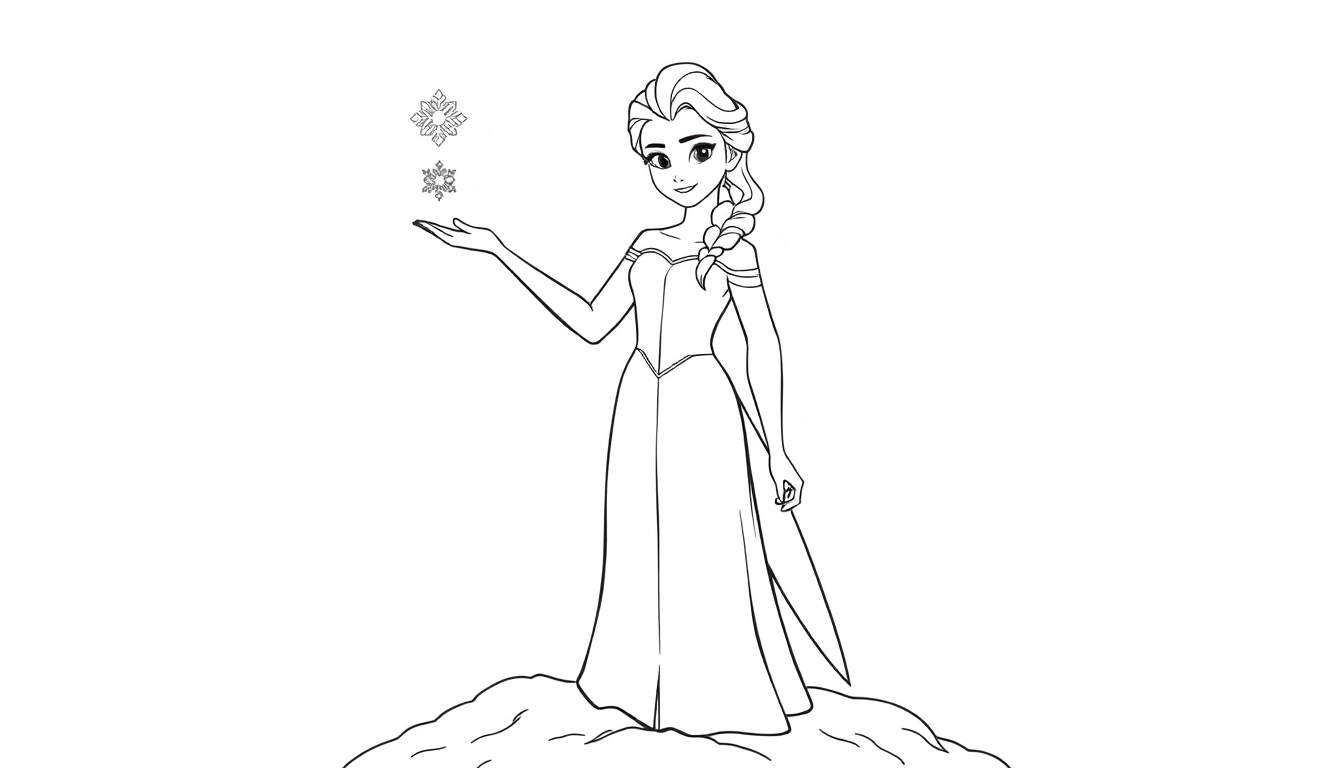 Elsa de Frozen sobre un montículo de nieve con dos copos de nieve flotando, lista para colorear en esta placa de color.