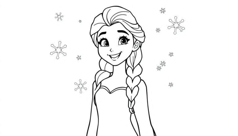 Placa de color de Elsa sonriendo con copos de nieve.