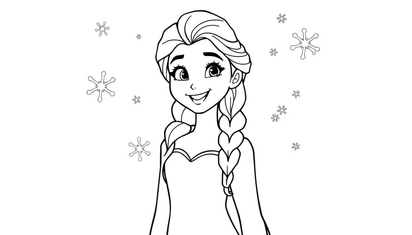 Placa de color de Elsa sonriendo con copos de nieve.