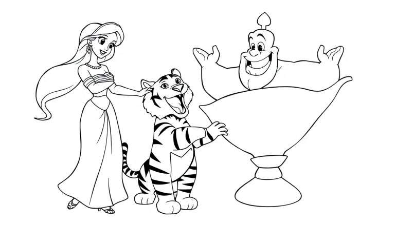 Placa de color de la Princesa Jasmine con Rajah y el Genio.