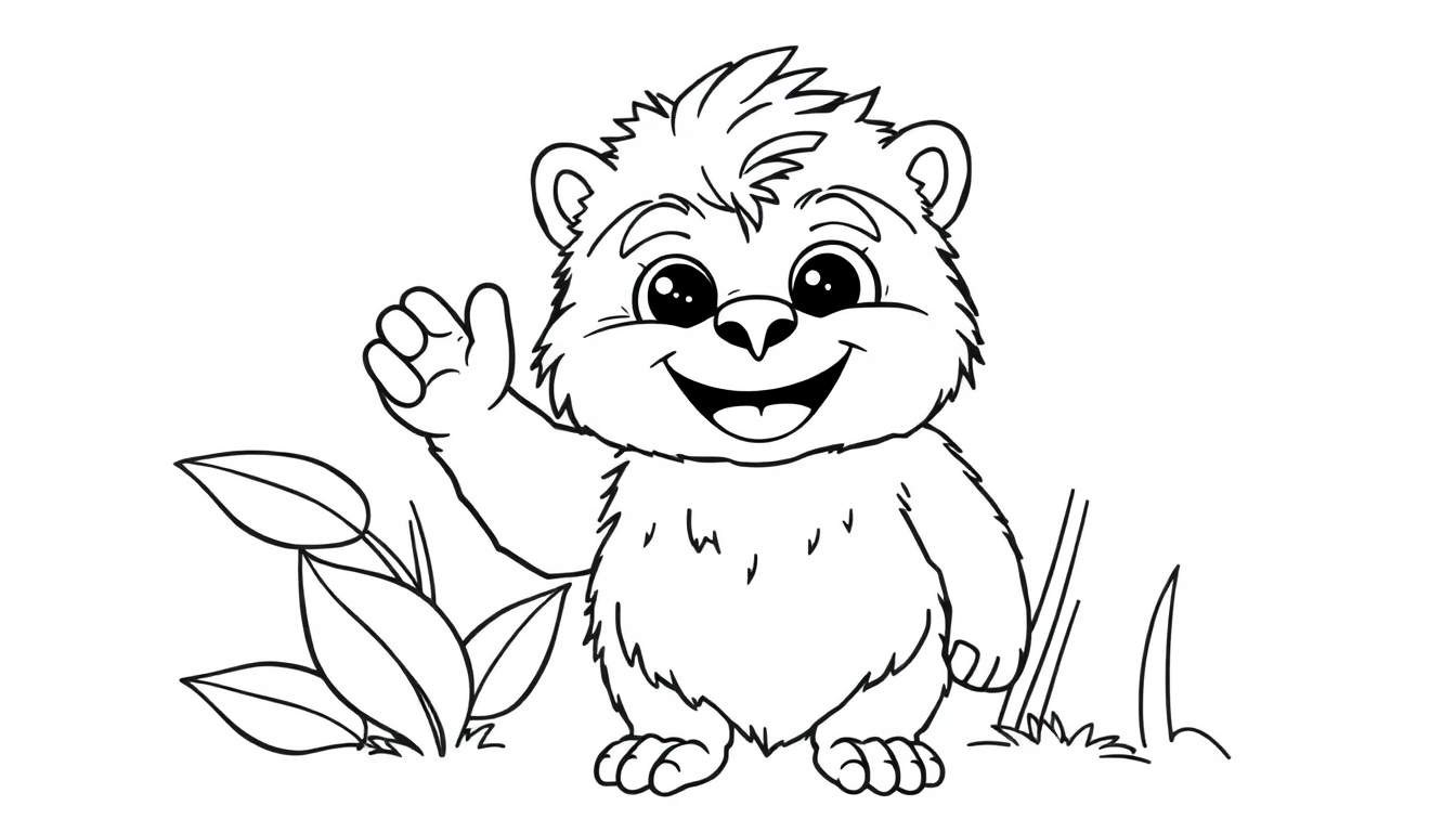 Placa de color de un Ewok saludando en un bosque.