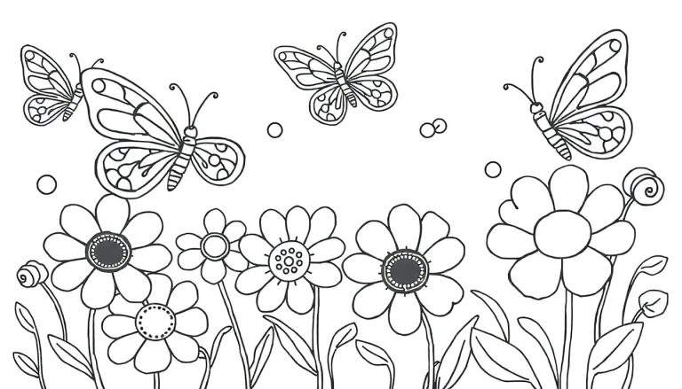 Una placa de color blanco y negro de margaritas y mariposas para colorear.