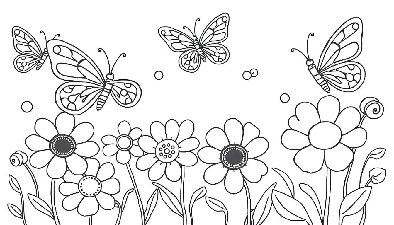 Una placa de color blanco y negro de margaritas y mariposas para colorear.