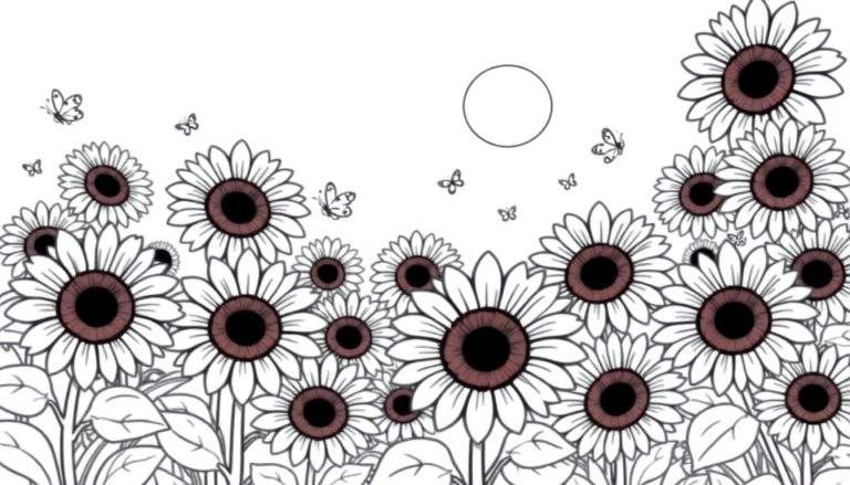 Placa de color de un campo de girasoles en blanco y negro con mariposas.
