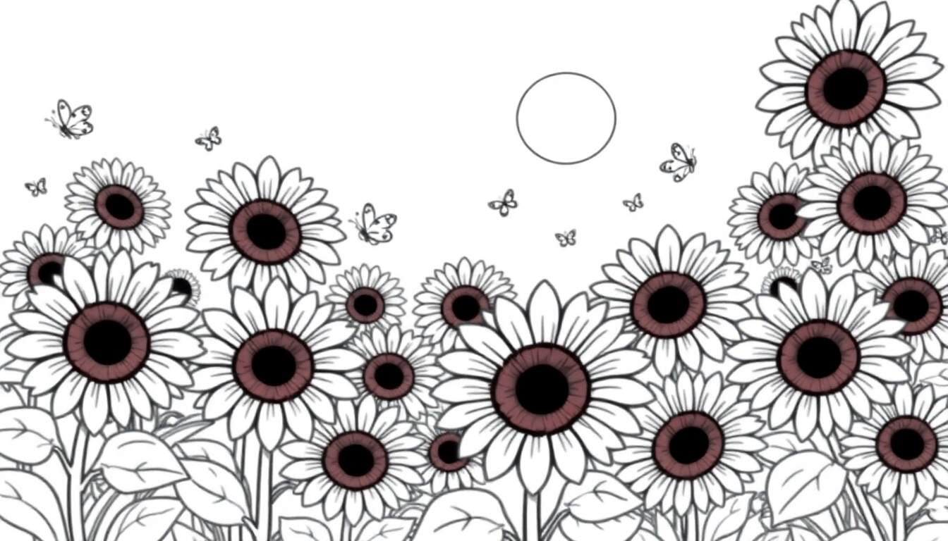 Placa de color de un campo de girasoles en blanco y negro con mariposas.