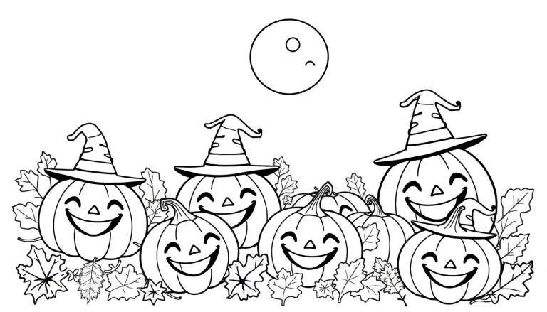 Placa de color de calabazas sonrientes de Halloween con sombreros de bruja y una luna.
