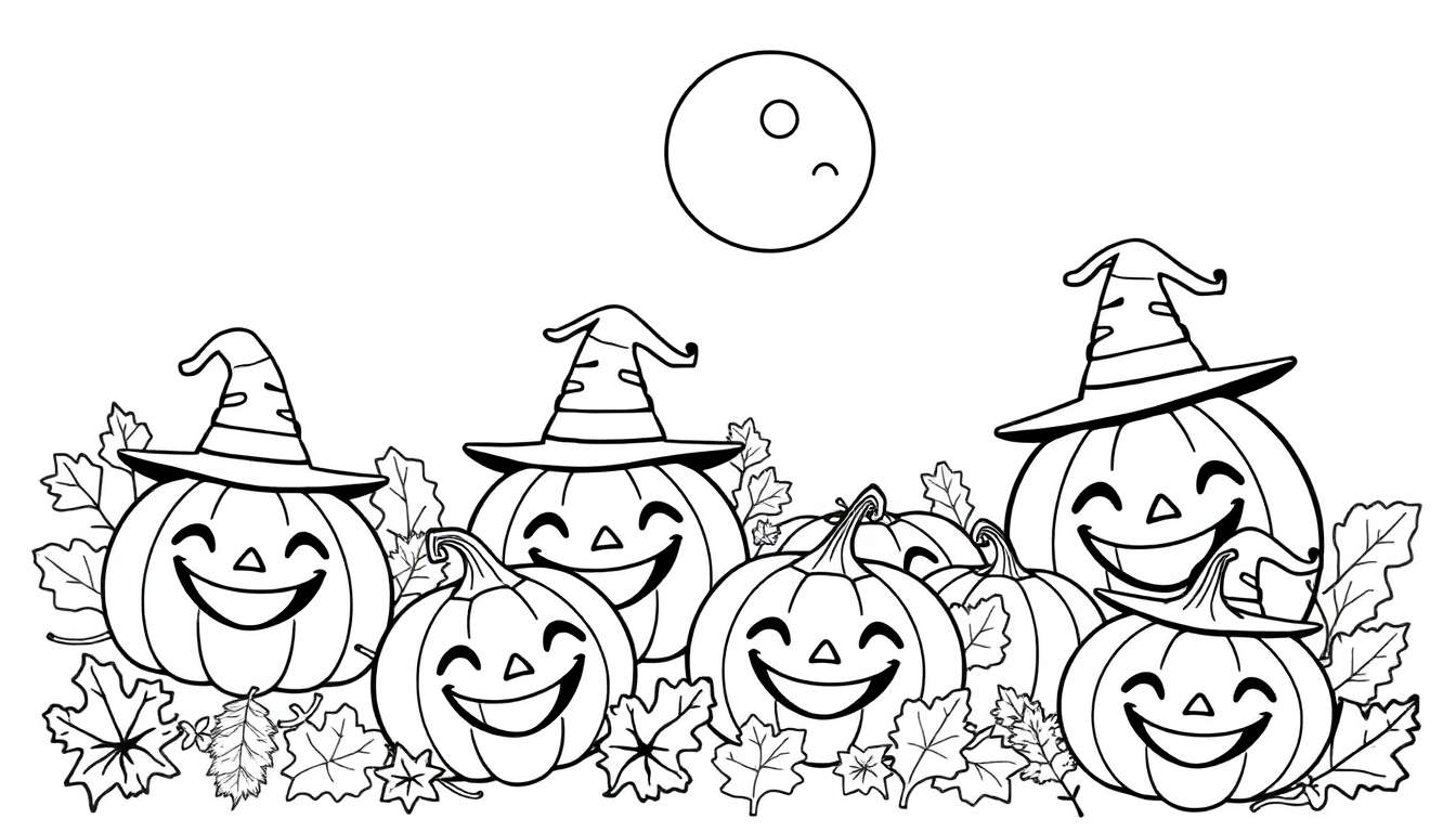 Placa de color de calabazas sonrientes de Halloween con sombreros de bruja y una luna.