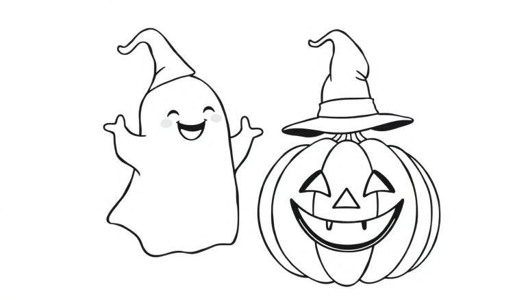 Placa de color de Halloween con un fantasma amigable y una calabaza sonriente, ambos con sombreros de bruja.