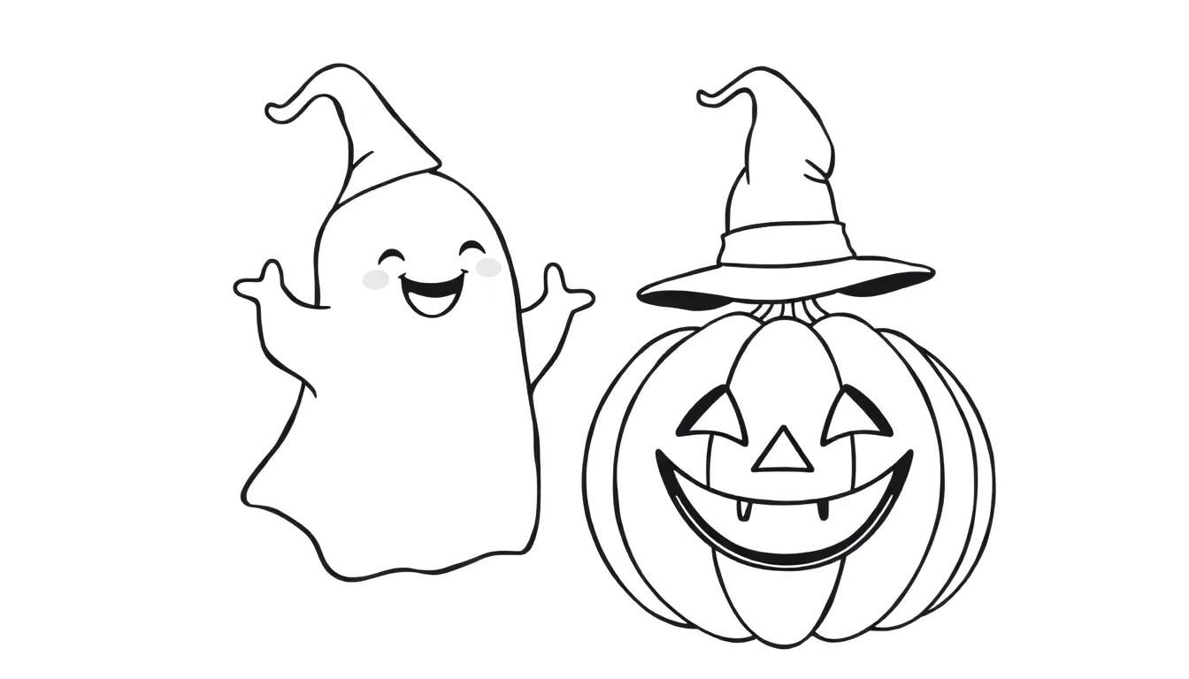 Placa de color de Halloween con un fantasma amigable y una calabaza sonriente, ambos con sombreros de bruja.
