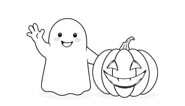 Placa de color de un fantasma amigable saludando y una calabaza sonriente.