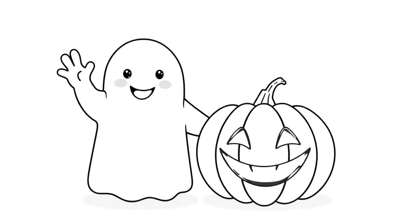 Placa de color de un fantasma amigable saludando y una calabaza sonriente.