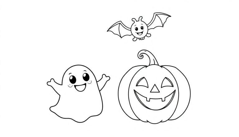 Placa de color de Halloween con un fantasma saludando, una calabaza sonriente y un murciélago volando.