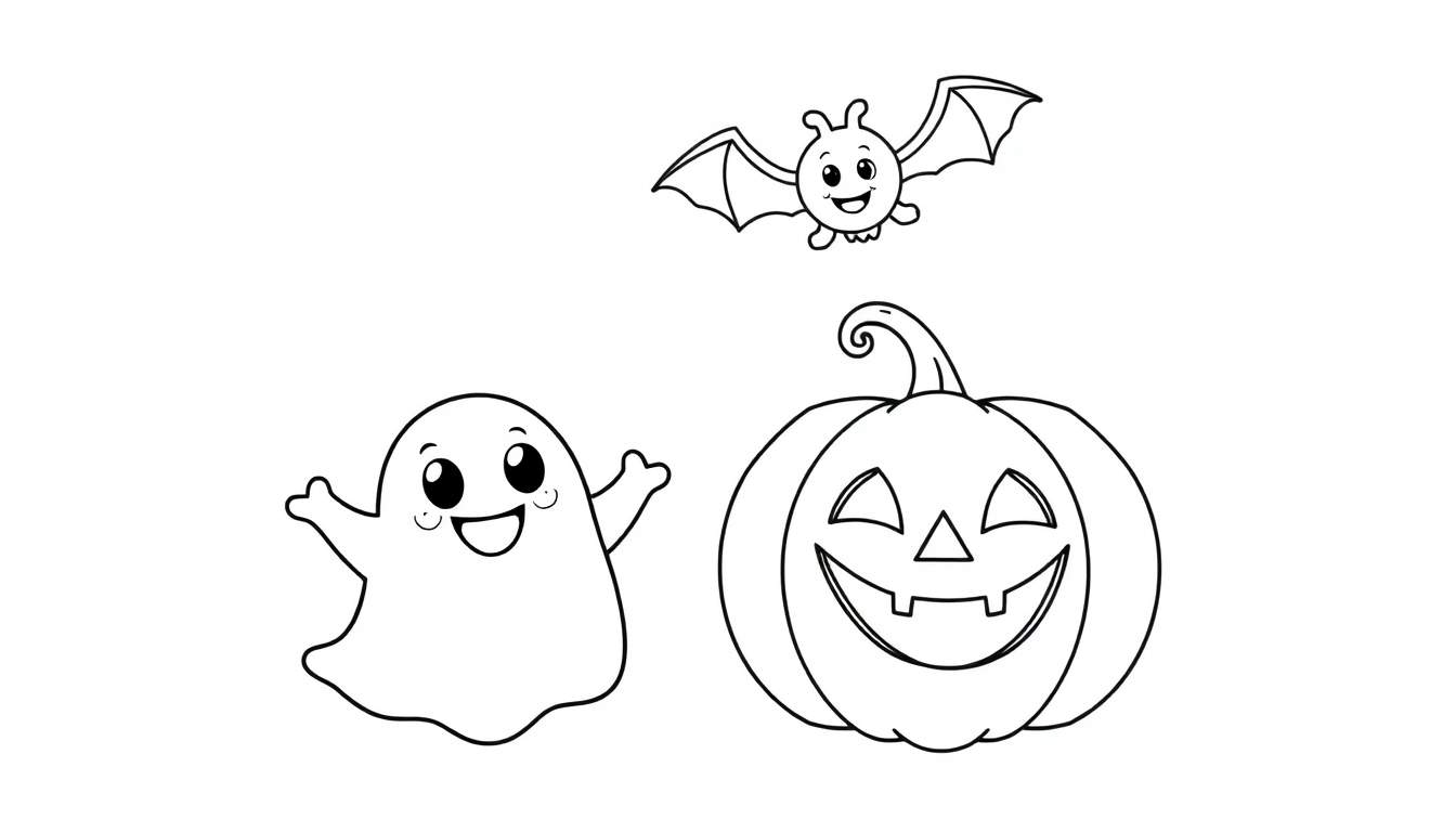 Placa de color de Halloween con un fantasma saludando, una calabaza sonriente y un murciélago volando.