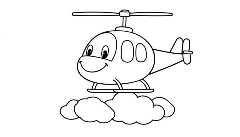 Un helicóptero de dibujos animados amigable con cara sonriente, aterrizando en una placa de color con nubes