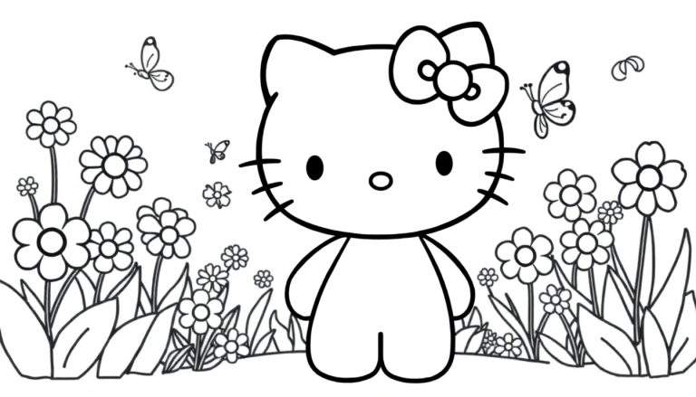 Hello Kitty en un jardín floral, listo para ser coloreado en esta placa de color.