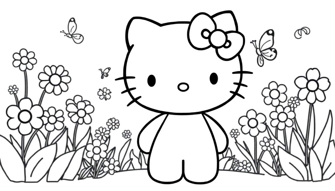Hello Kitty en un jardín floral, listo para ser coloreado en esta placa de color.