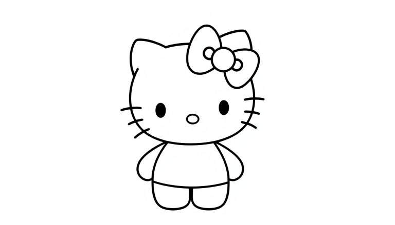 Un dibujo lineal en blanco y negro de Hello Kitty con un gran lazo en la cabeza, lista para colorear. Es una placa de color para pintar.