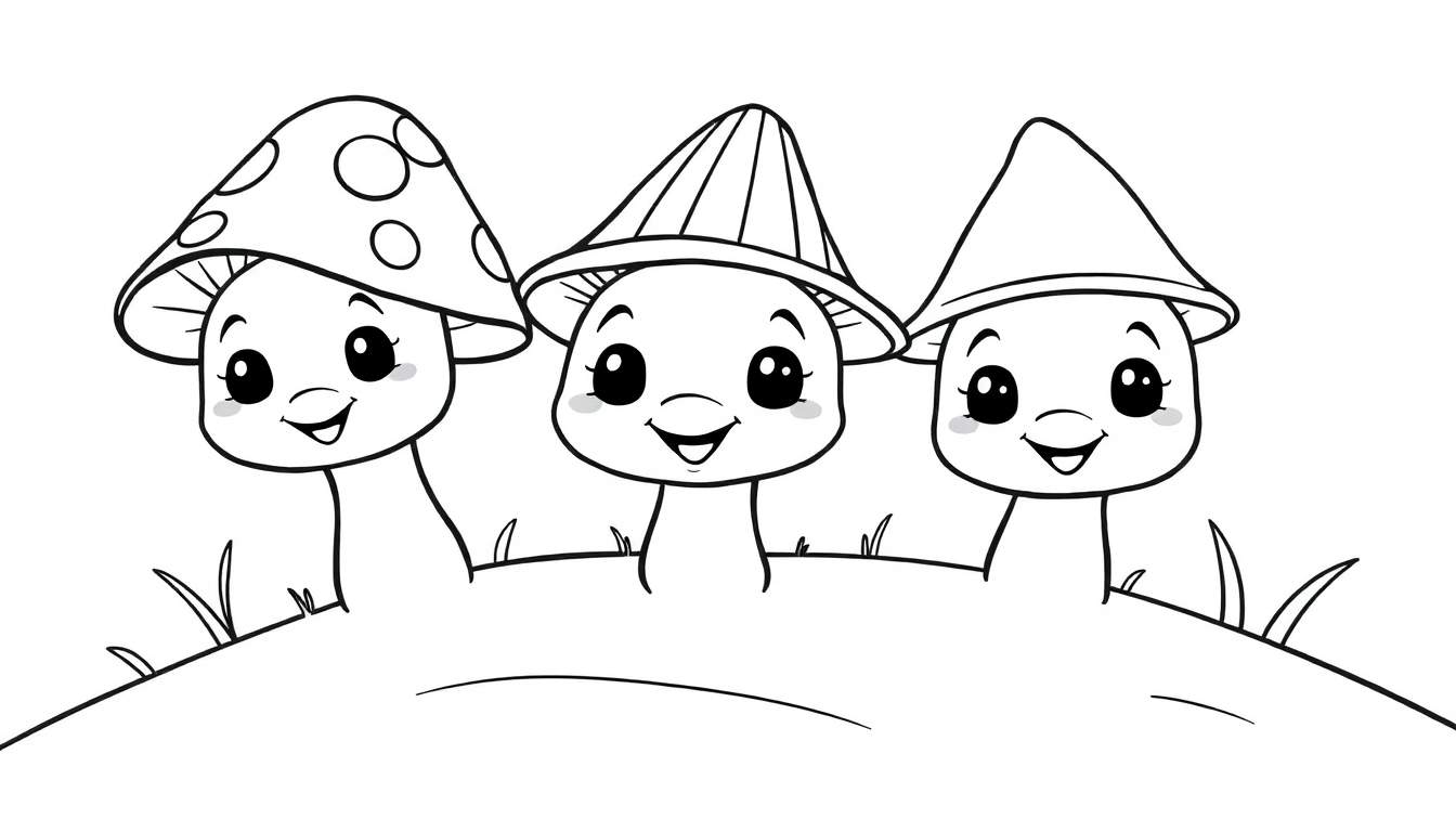 Una placa de color de tres adorables hongos sonrientes en una colina.