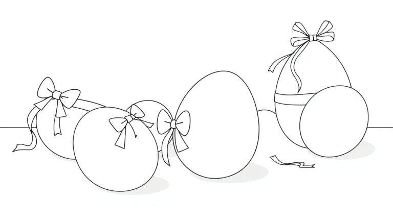 Placa de color con cinco huevos de Pascua dibujados, cada uno con un lazo y listos para colorear.